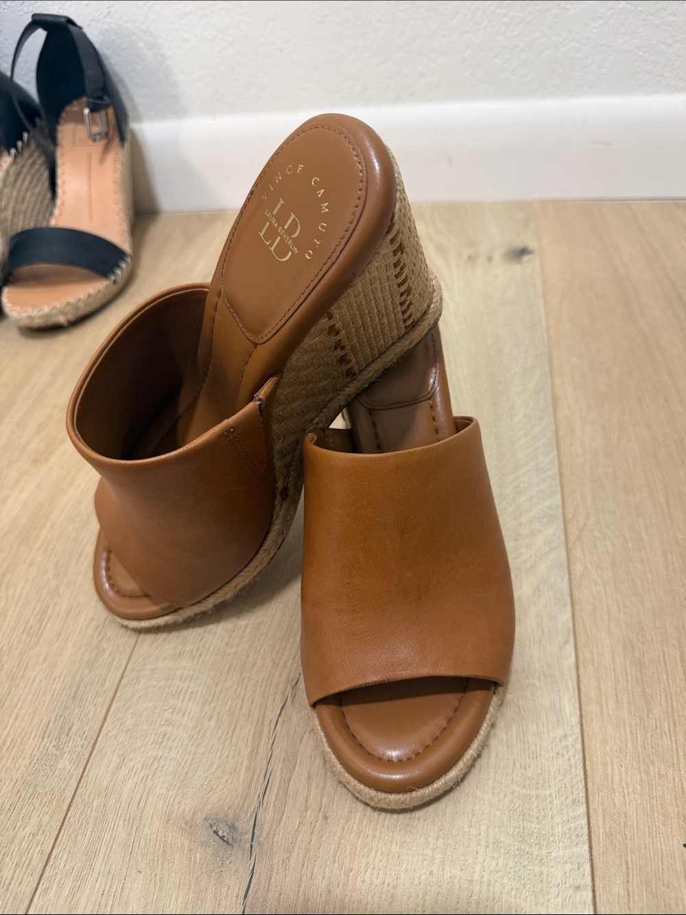Vince Camuto Cognac Leather Wedge Slide Sandals - Picture 6 of 7